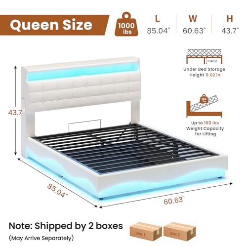 Image of ADORNEVE Lift Up Storage Queen Bed Frame with LED Lights, Hidden Storage Headboard and Charging Station, Upholstered Platform Bed, LED Bed with Hydraulic, No Box Spring Needed, Creamy White