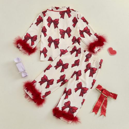 Kayotuas Kids Silk Pajamas Girls Feather Trim Pjs Button Down Shirt & Pants Cute Toddler Pajama Set Sleepwear 2Pcs Loungewear4