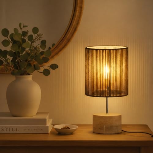 Image of LUCRATIVE Handcrafted Rattan Table Lamp for Bedroom & Living Room - Boho Wooden Bedside Home Decor Lamp with Warm White LED, 27 x 12.7cm | Bulb Included