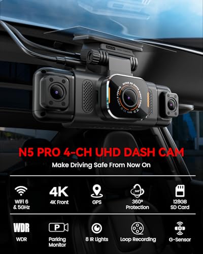 Image of N5 PRO 4K 4 Channel Dash Cam, 360 All-Around View, 1080P Rear and Inside, 5G WiFi 6 - Up to 10MB /s, Built-in GPS, 8 IR Night Vision, G-Sensor, 24H Parking Mode, Free 128GB SD Card Included