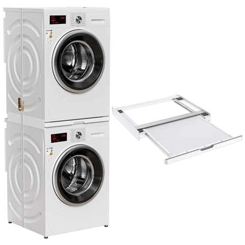 DEWEL Telaio intermedio con piastra estraibile, telaio di collegamento per lavatrice e asciugatrice con corda a cricchetto, telaio intermedio lavatrice asciugatrice in lega di alluminio e legno, 55x60