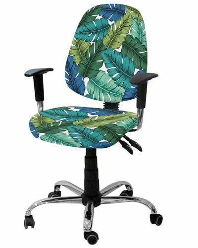 Summer Tropical Leaves 2 Pieces Computer Office Chair Covers Set,Stretchable Desk Rotating Chair Seat Cushion Slipcover Back Covers,Blue Green Botanical Leaf Plants Slipcover Back Cover Protector