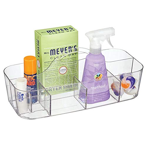 mDesign Organizador plastico con 11 Compartimentos para su lavadero - Cesta organizadora en Color Transparente provista de asa para un cómodo Transporte - Organice Todos Sus Productos de Limpieza