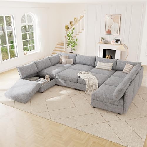 Image of 125 inch Chenille Modular Sectional Sofa Bed Hidden Storage, Convertible L U Shaped Sleeper Couch, 10 Seat Modern Modular Sectional Sofa with Removable Covers & Ottoman Chaise, for Living Room, Gray