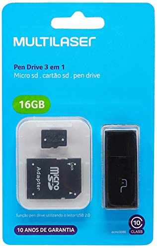 Adaptador 3x1 SD + Pendrive +Cartão De Memória Classe 10 16GB Preto Multilaser - MC112