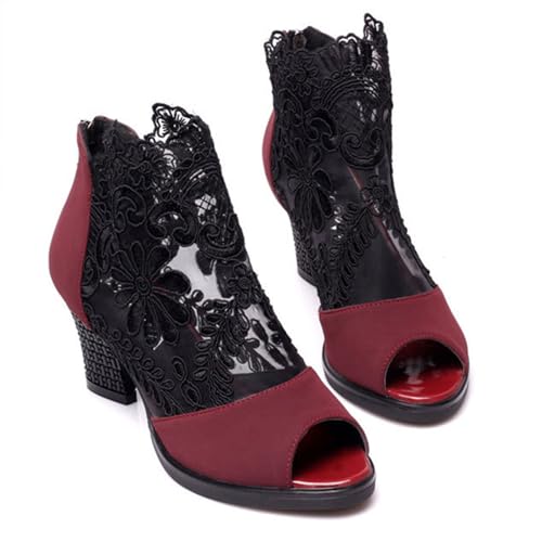 Sandales à talons épais FGRID en dentelle et maille escarpins d'été noir
