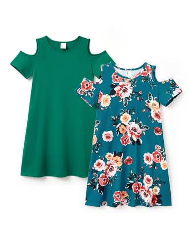 PATPAT Girls Summer Dress Short Sleeve Cold Shoulder Dresses Set Solid Color Casual Dress Floral Dress with Pockets