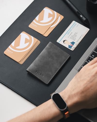 Image of VULKIT Leather Business Card Holder 2 Sided Slim Business Name Card Organizer for Men or Women (Yangba Grey)