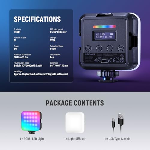 NEEWER Luz de Vídeo RGB Magnética, Luz de Cámara LED RGB61 a Todo Color de 360° con 3 Monturas de Zapata Fría/CRI 97+/20 Modos de Escena/2500K-8500K/2000mAh Luz Portátil Recargable para Selfie