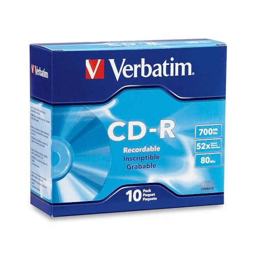 Verbatim CD-R Blank Discs 700MB 80-Minutes 52X Recordable Disc for Data and Music - 10 Pack Slim Cases