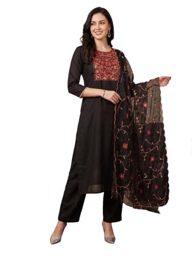 Image of INDO ERA Women's Silk Blend Floral Embroidered Thread Work Straight Kurta & Pant with Dupatta Set | Kurti Set