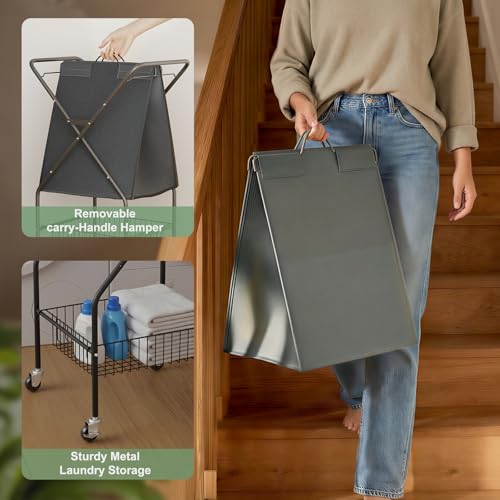 Image of Laundry Basket with Wheels:88L Rolling Laundry Cart Foldable Metal Frame Dirty Clothes Laundry Hamper 36 inchH 4 Caster 2 Brake Waterproof Removable Liner Carry Handle for Dorm Laundry Room,Gray