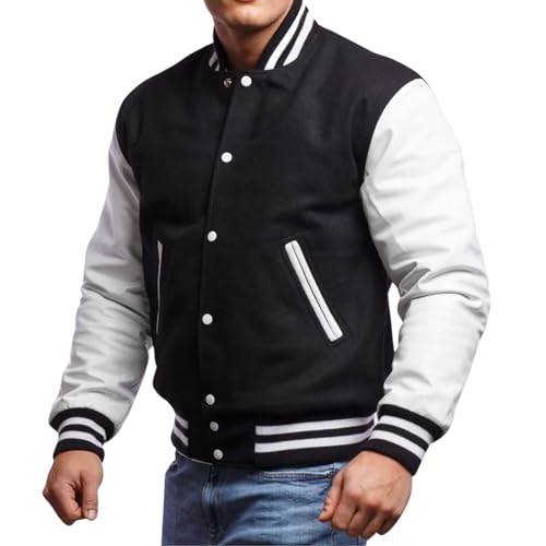 Generic Men's Varsity Jacket Black Real White Leather Sleeves Baseball