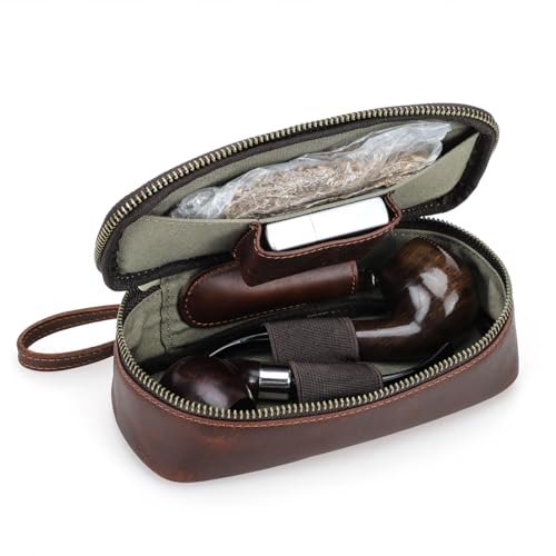CONTACTS Estojo de Tabaco para Cachimbo em Couro Legítimo com Zíper, Organizador Portátil de Fumo com Suporte para Isqueiro, Caixa de Viagem para 2 Cachimbos e Acessórios de Luxo