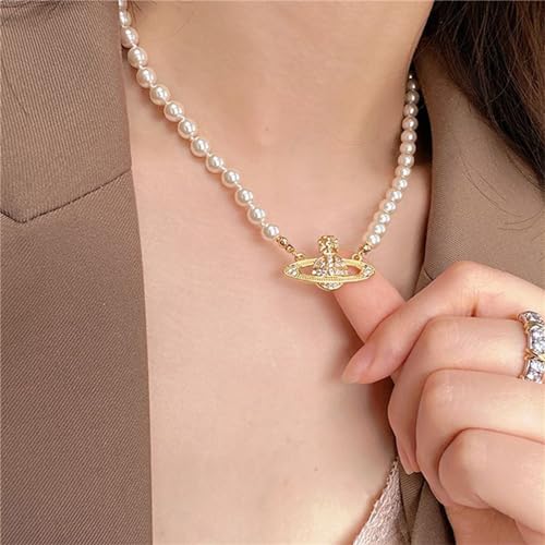 Dreuyet Conjunto de colar e brincos de pérolas de Saturno, brincos de planeta de cristal, delicados,