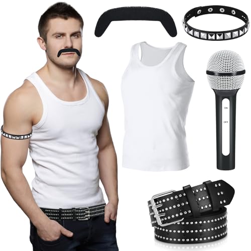 Mepase 5 Pcs Halloween Rock Star Costume Accessories for Men 80s Rock Costume Vest Microphone Belt Beard Arm Band for Cosplay(XXL)