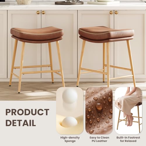 Image of MALOL Bar Stools Set of 5, Counter Height Bar Stools with Thick PU Leather Saddle Seat & Sturdy Metal Frame Legs,Backless Bar Stools for Kitchen Island Dining Cafe,Brown