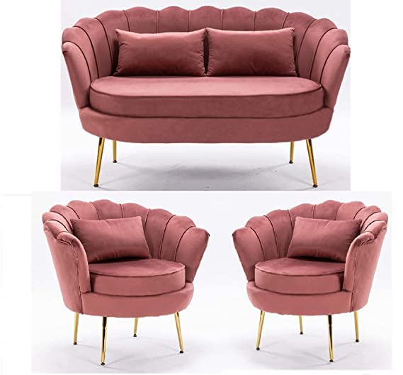 Image of Living Room Vintage Velvet Fabric Tub Armchairs with Metal Leg Armrests Lounge Comfortable Royal & Luxury (Coral, 2+1+1)