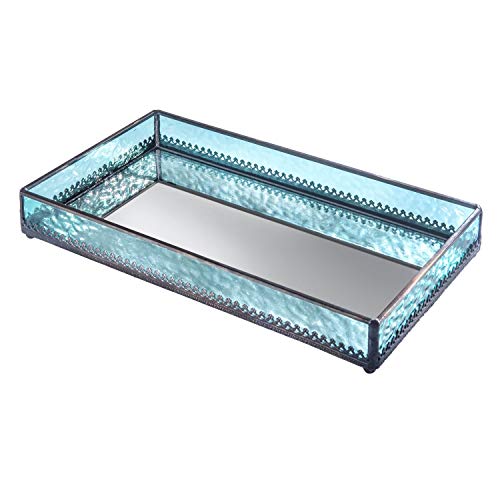 Turquoise Blue Glass Tray Mirrored Bottom Decorative Bathroom Vanity Cosmetic Makeup Organizer Jewelry Display Perfume Holder Dresser Home Décor Candle Tray Gift For Woman J Devlin Tra 126 #TOP6