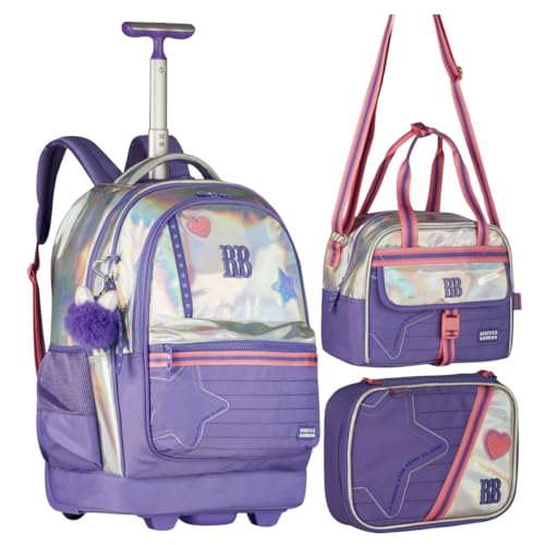 Kit Mochila Rodinhas Holográfica Lilás Rebecca Bonbon RB com Lancheira, Estojo Box coleção 2026 Volta as Aulas Original