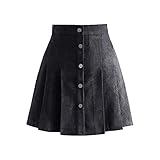 EXLURA Womens Faux Suede High Waist Pleated Short Skirt Elastic Button Front Skater Mini Skirt Black