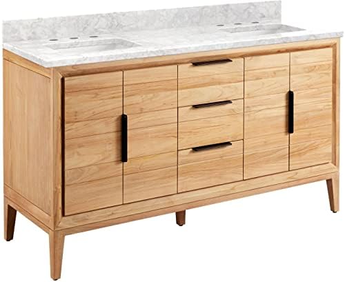 Signature Hardware 459286 Aliso 60" Free Standing Double Vanity Cabinet Set with Wood Cabinet, Vanity Top and Rectangular Undermount Sinks - 8" Faucet Holes - Natural Teak/Carrara