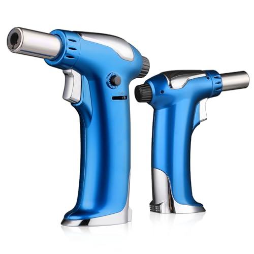 Magshion Encendedor pequeño de butano con llama ajustable, recargable, soplete de cocina para Creme Brulee, resistente al viento, soplete para hornear, para parrilla, azul, paquete de 2 (gas no