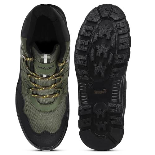 Image of Liberty Leap7x DRAWNER-1E Sports Casual Lacing Trekking Shoes for Men - Olive Green & Black | Comfortable and Durable | Suitable for Walking, Running, Outdoor and Hiking Boots Footwear | Cushioned Footbed