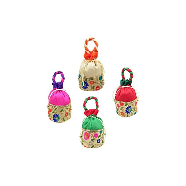 GoldGiftIdeas Silk Embroidered Potli Bags for Women, Potli Pouches for Party, Potli Bags for Return Gifts, Elegant Potli Bags for Ladies (Set of 4) - Image 6
