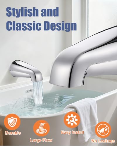 Fosenlion Universal Bathtub Faucet Replacement Tub Spout –– Fast-Fill, No-Leak Metal Faucet, Easy Installation, Fits 1/2\" IPS & 3/4\" IPS Thread Pipes, Includes Adapter (Chrome)