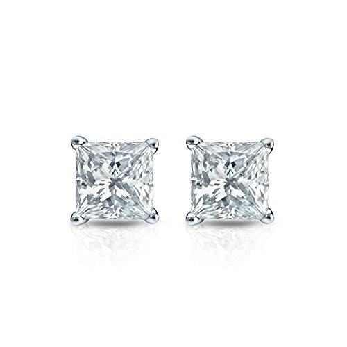1/4 to 2 Carat Princess Cut Diamond Simulated Cubic Zirconia Stud Earrings in 14k White Gold 4-Prong Screw Back cttw by Diamond Wish3