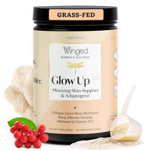Winged Wellness Glow Up AM Collagen Powder for Women - Morning Beauty Supplement for Glowing Skin with Grass-Fed Hydrolyzed Collagen Peptides Lions Mane & Shatavari - 21 Servings Unflavored