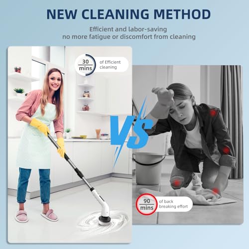 Electric Spin Scrubber Bathroom - Adjustable Handle Cordless Shower Scrubber, 2 Speeds, Bathroom Scrubber with 8 Replaceable Brush Heads, Power Scrubber for Bathtub Cleaning