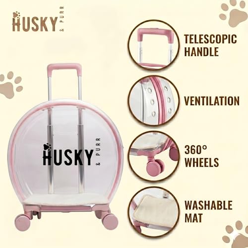 Image of Husky & Purr PopGo Pet Carrier with Wheels for Cats & Small Dogs | Transparent Cat Bag Carrier Trolley with Telescopic Handle | Dog Carrying Bag, Up to 8kgs, Pink