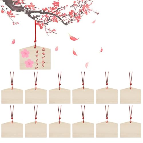 Lakymisy 絵馬 木製 12個セット 招福絵馬 タッセル付き 無地 穴あき 祈願 プレート DIY落書き 両面使用可能 新年 祈り 縁起物 幸福を祈る 平安 繁栄祈願 お年賀 お歳暮ギフト 開運グッズ 未完成 7*5.5cm