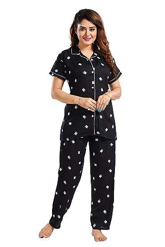 Image of Women's Cotton Heart Printed Night Suit Set of Shirt and Pyjama