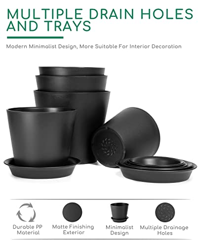LaDoVita 7 Pack Plastic Plant Pots Indoor, 7/6.5/6/5.5/5/4.5/4 Inch Modern Planters for Plants, Flower Pots with Drainage Holes and Trays, Black