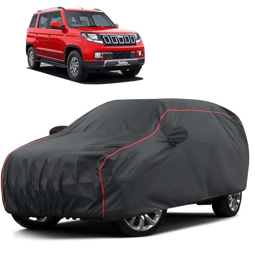 Image of Sulfar 100% Water Resistant Car Body Cover Compatible with Mirror for Mahindra TUV300 (Triple Stitched, Full Bottom Elastic, Dark Grey Taffeta with Red Piping)