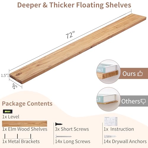 Image of Floating Shelves for Wall, 72in Reclaimed Elm Wood Shelves, Natural | 8 inch Deep Wall Shelf, Invisible Bracket, Large Long Wall Shelves, Living Room, Bedroom, Kitchen, Bathroom