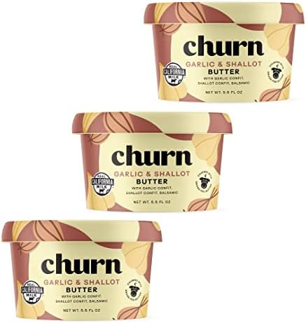 Churn Garlic & Shallot Butter, Flavored Butter Churned with Organic Grass Fed Butter (5.5oz, Pack of 3) - Non-GMO, Hormone-Free, Compound and Finishing Butter