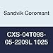Sandvik Coromant CXS-04T098-05-2209L 1025 Carbide Insert with a Locating Pin for Exact Location in the Holder Reduces Indexing Time and Guarantees Being on Center, CXS-xxT098..R/L Tool Style, 0.002" Radius (Pack of 1)