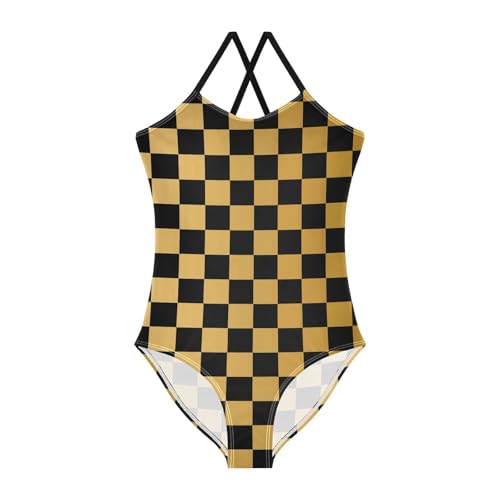 Image of Black and White Chess Girls One Piece Swimsuits Board Marble Tile Sport Halter Swimwear Beach Bathing Suit 3T