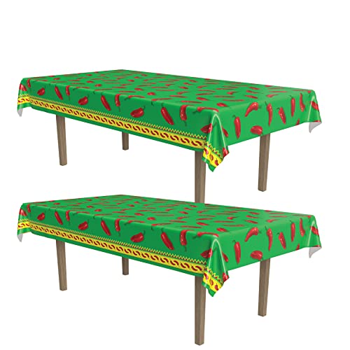 Image of Beistle Chili Pepper Tablecovers, 54 inch x 108 inch, 2 Pieces - Plastic Table Cloth, Rectangular Tablecloth, Cinco De Mayo Tablecloth, Fiesta Party Decorations, Cinco De Mayo Decorations,Green /Red /Yellow