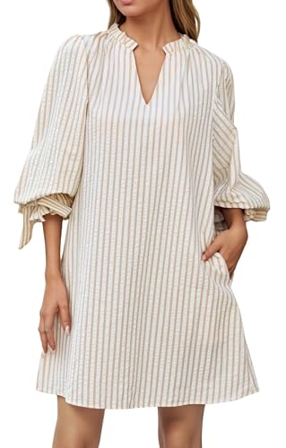 Image of EZAPINE Striped Dress for Women V Neck 3 /4 Bow Puff Sleeve Summer A Line Flowy Shirt Dress with Pockets