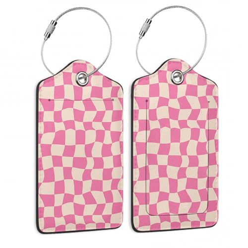 2 Pack Luggage Tag for Suitcase, Groovy Pink Checkerboard Leather Bag Tags Identifiers Privacy Cover ID Label with Durable Steel Loop for Women Men Kids Girls Travel