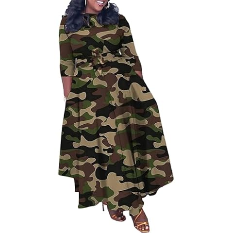 SHINFY Women Camo Maxi Dress 2023 Fall Casual 3/4 Sleeve Camouflage Ruffle A-line Flowy Long Dress with Tie Cover