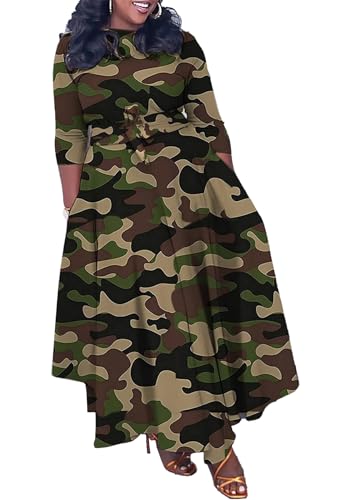 SHINFY Womens Camo Long Sleeve Plus Size Dress African Camouflage Print A-line Flowy Long Maxi Dress with Tie