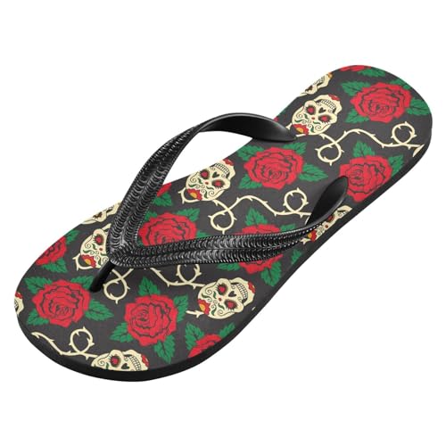 ALAZA Rose Flowers Sugar Skulls Flip Flops for Women Fashion Beach Slippers Comfort Mens Flip Flops Non-Slip Rubber Shower Slippers Sandal for Hotel Travel Sport,XS2