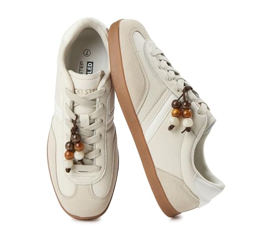 Image of LUCKY STEP Women's Fashion Retro Sneakers Casual Trendy Walking Shoes Non Slip Comfortable Classic Running Sneaker (Beige, 9US-39EU-6UK)