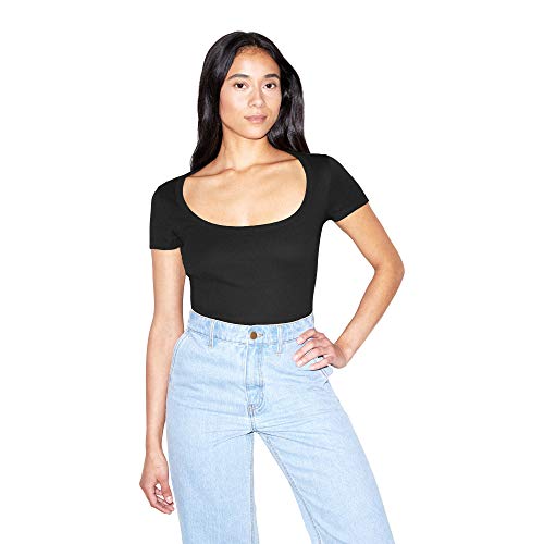 American Apparel Women's Baby Rib Short Sleeve Scoop Neck Top, Black, Large